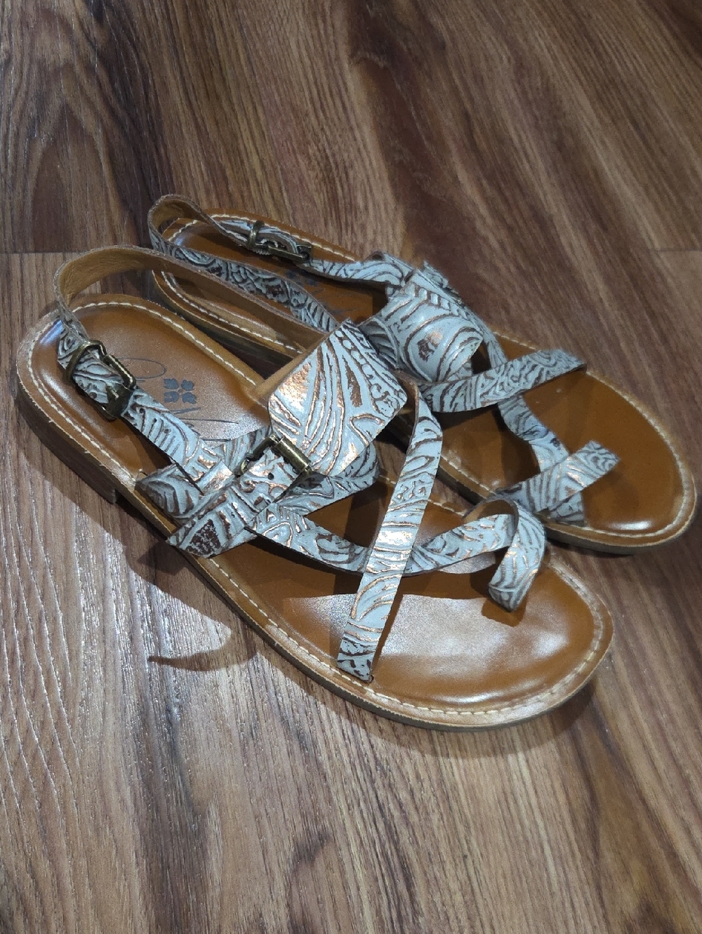Patricia Nash Tooled Leather Strappy Sandals with Tan Footbed Western